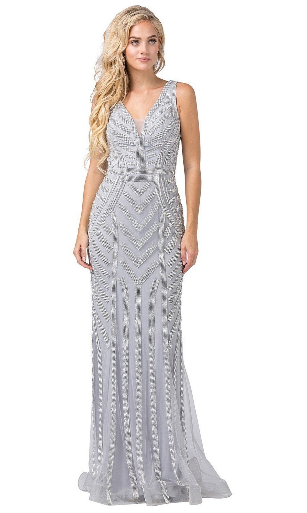 A woman stands against a plain white background wearing the Bead-Striped Long Formal Dress, a floor-length, sleeveless silver gown with geometric bead detailing.